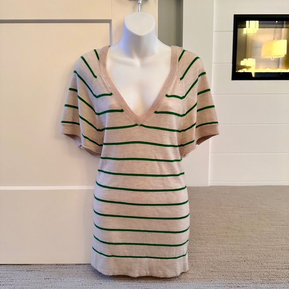 THEORY Soft Striped Cashmere V-Neck Sweater Sz M